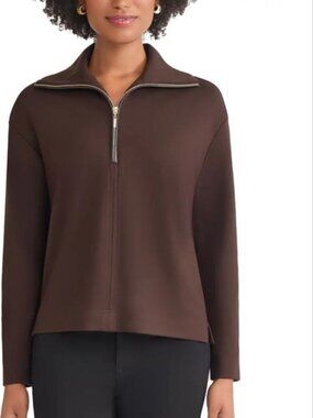 $89 JONES NEW YORK Petite Zip Front Pullover with Elbow Pads Coffee Bean Size PM